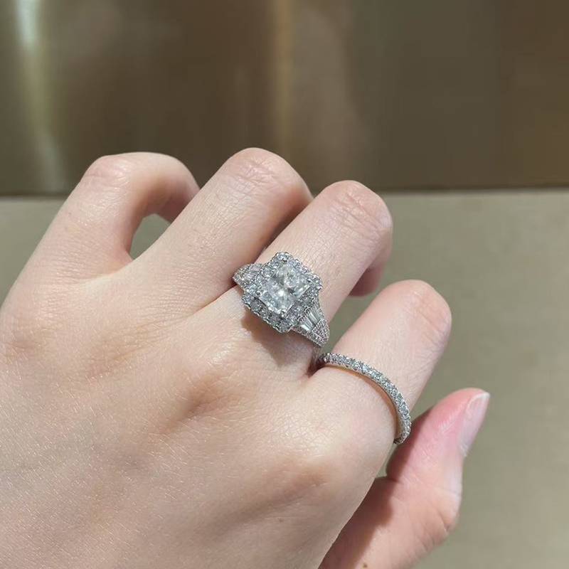 S925银镀白金主副套戒叠戴Women's Ring定制选款主石Moissanite2.0ct/副石高碳钻